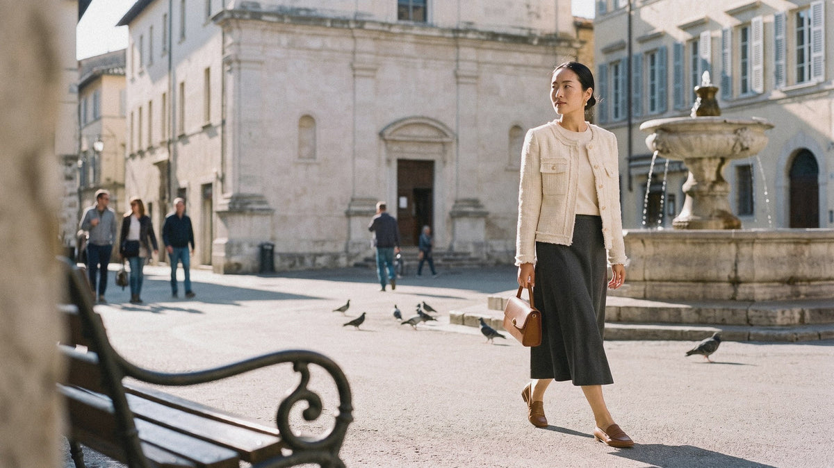 Woman in a tweed blazer and midi skirt walking through an old town