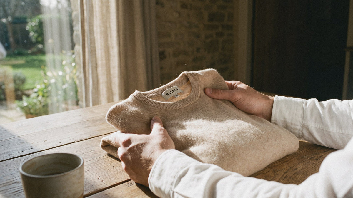 Hands holding a folded beige cashmere sweater in sunlight, showing the soft knit