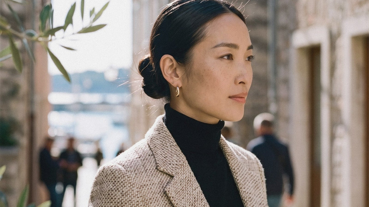 Woman with a sleek low bun in a tweed blazer walking through an old town