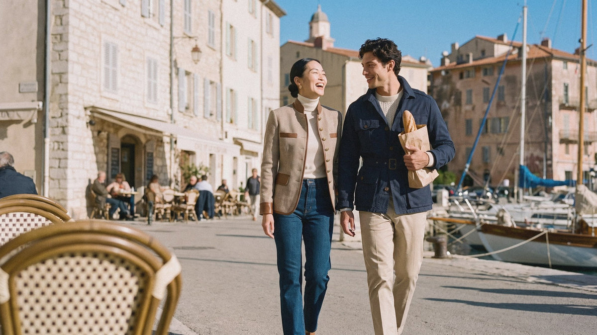 Man in a navy field jacket and woman in a herringbone jacket walking through a harbour town
