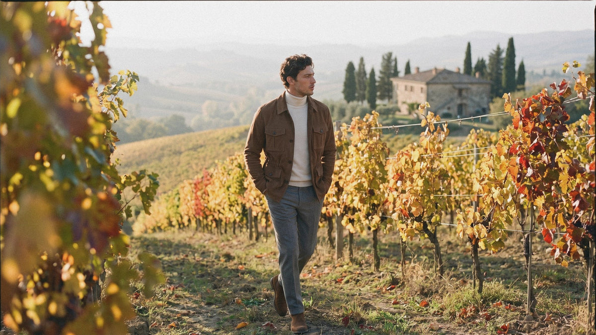 Man in a brown suede-look field jacket and a cream roll neck in an autumn vineyard