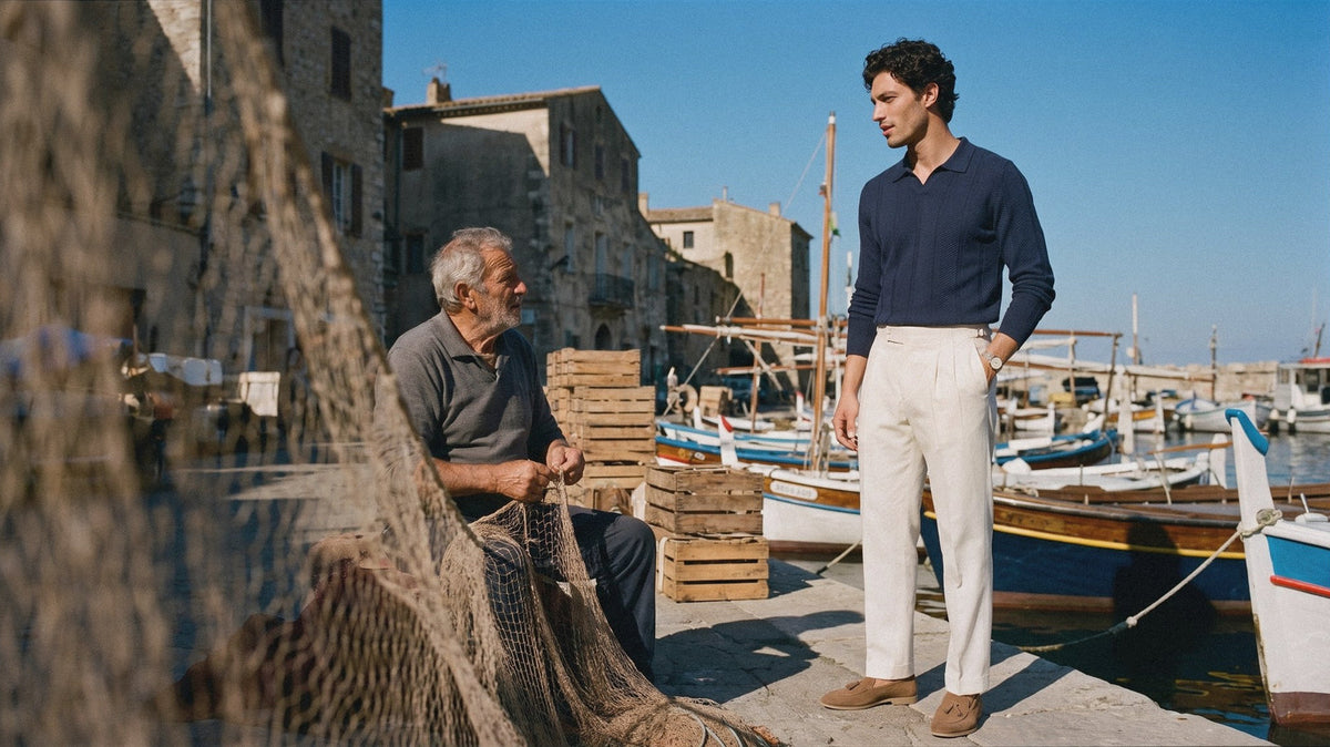 Man in a navy knitted polo, cream gurkha trousers and suede loafers on a harbour