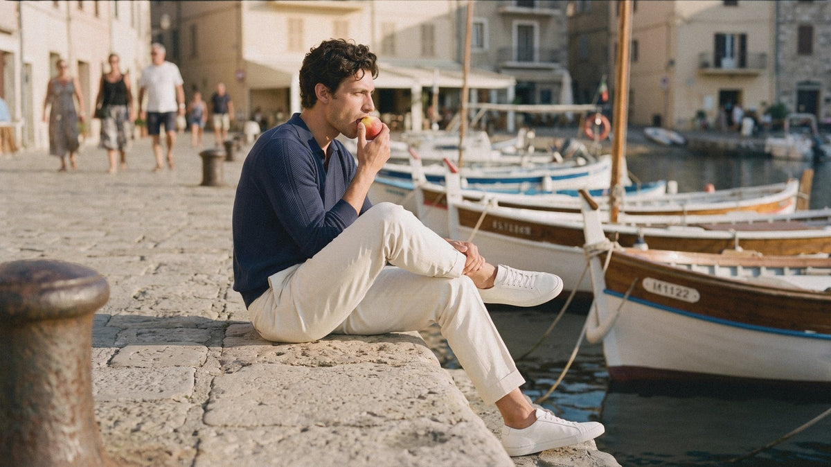 Man in a navy knitted polo, cream pleated trousers and plain white sneakers sitting on a harbour wall