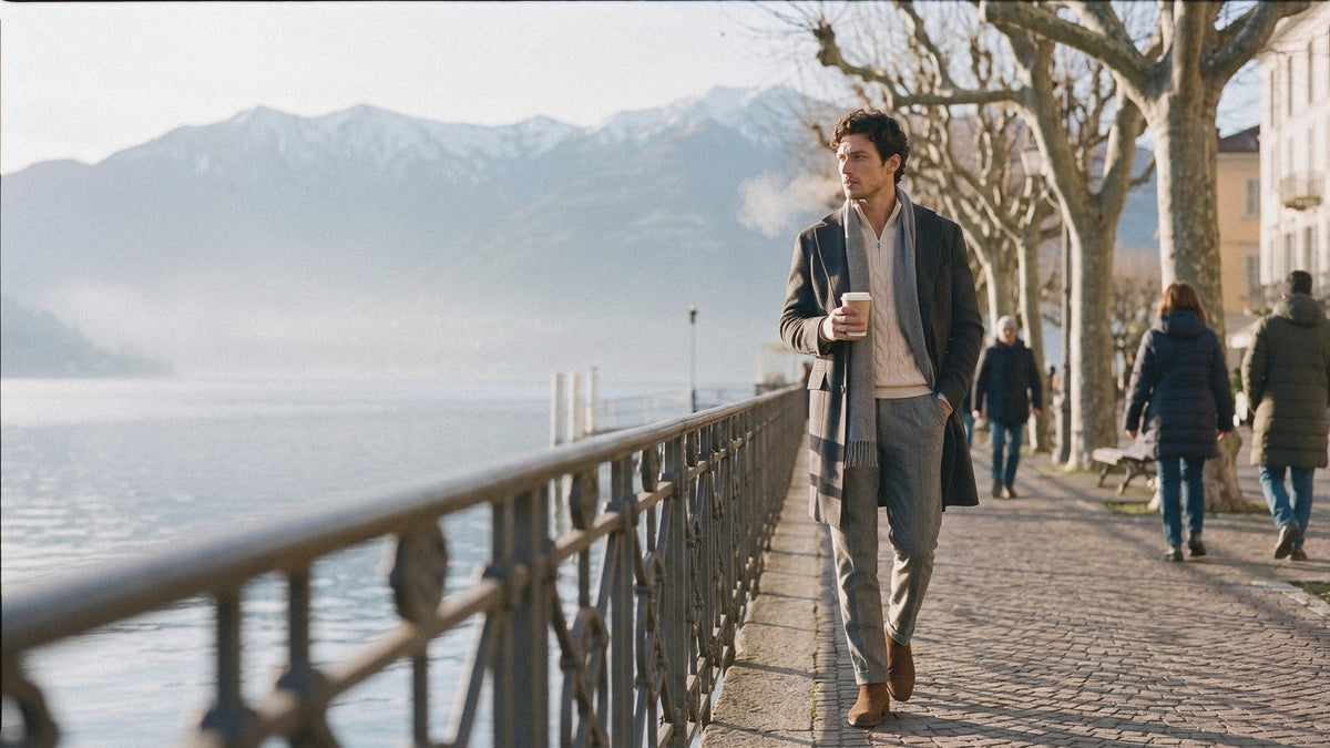Man in a charcoal wool overcoat over a beige half zip cable knit walking by a lake on a cold winter morning