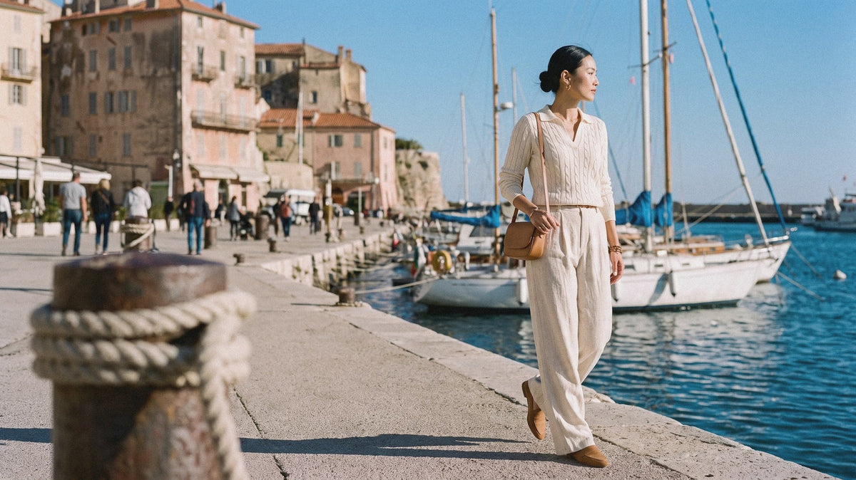 Woman in a cable knit sweater and high-waisted trousers on a harbour promenade