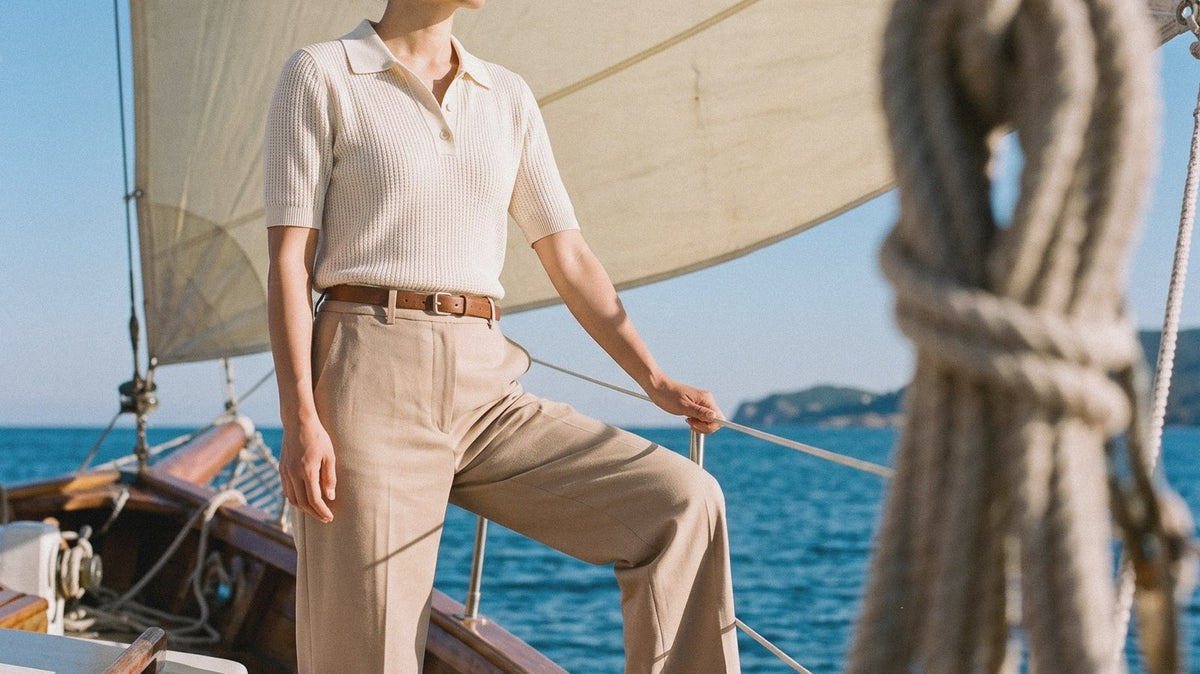 Woman in a cream knitted polo and wide-leg trousers on a sailing boat