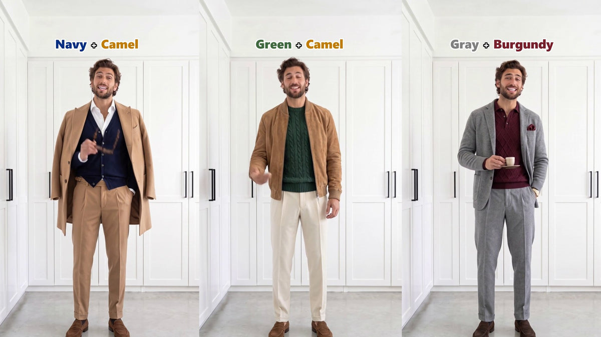 Old money color combinations for men from our newest video: navy and camel, green and camel, gray and burgundy