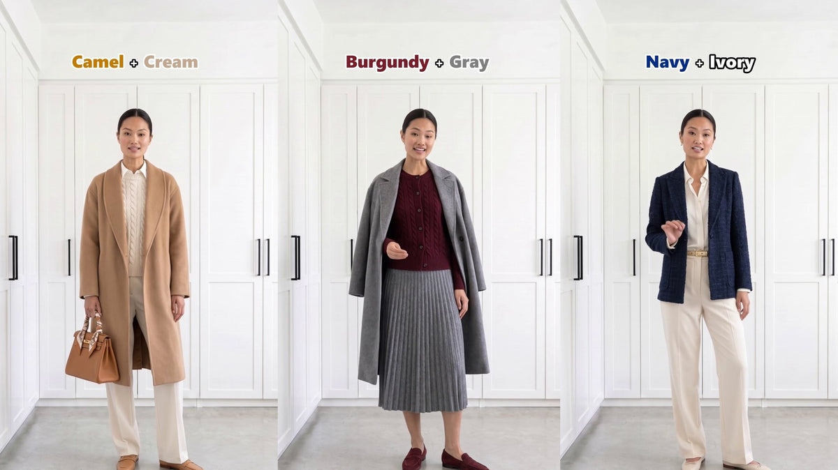 Old money color combinations for women from our newest video: camel and cream, burgundy and gray, navy and ivory