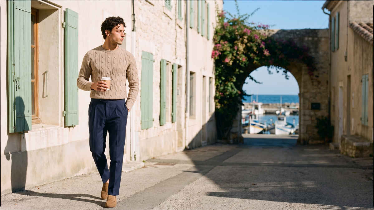 Man in a beige cable knit sweater and navy pleated trousers walking down a sunny harbour lane