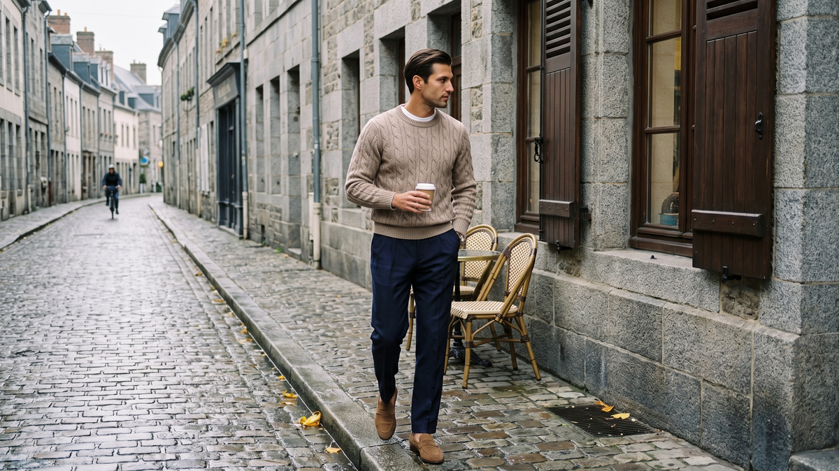 Man in a beige cable knit sweater and navy pleated trousers on a wet cobblestone street