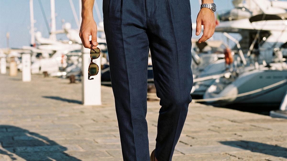Navy pleated trousers with a white knitted polo and suede loafers on a sunny harbour quay