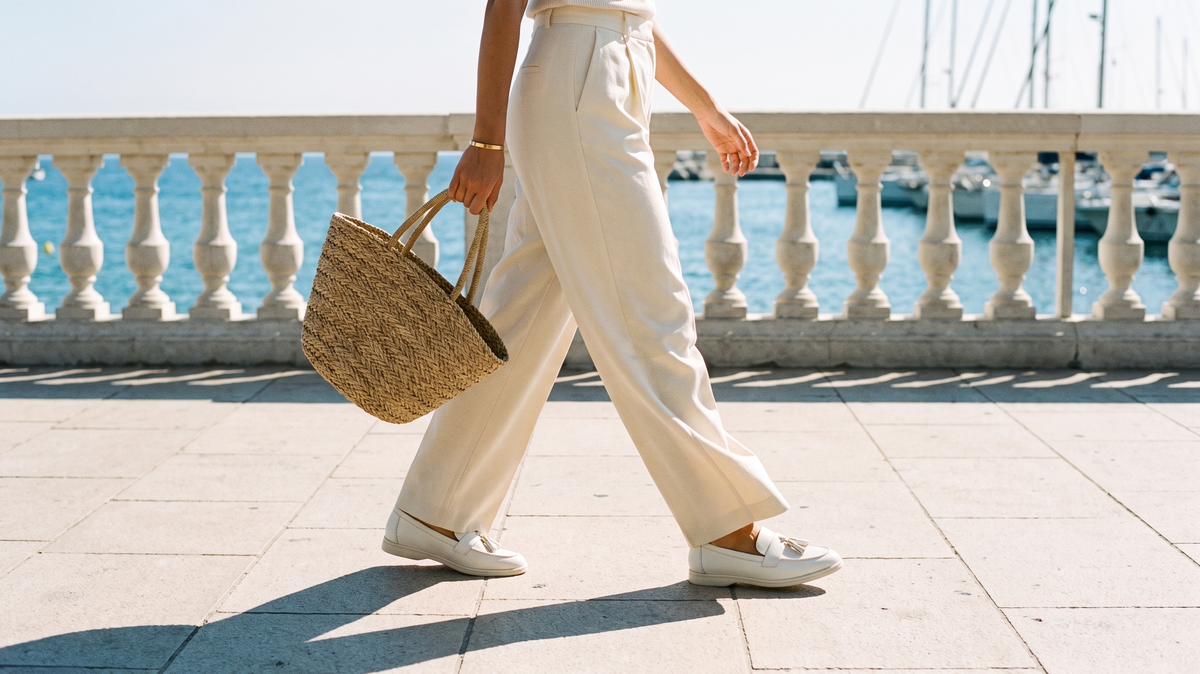 Woman in cream wide-leg trousers and white loafers on a sunny seaside promenade