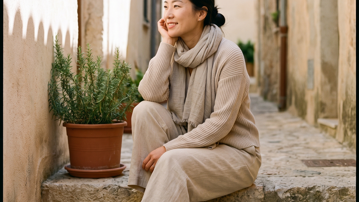 Woman dressed tone on tone in soft neutrals on old stone steps