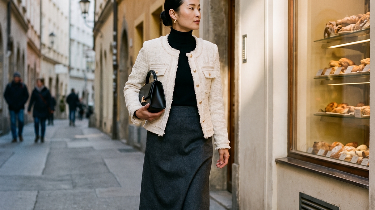 Woman in a tweed blazer, black turtleneck and charcoal midi skirt on an old town street in winter