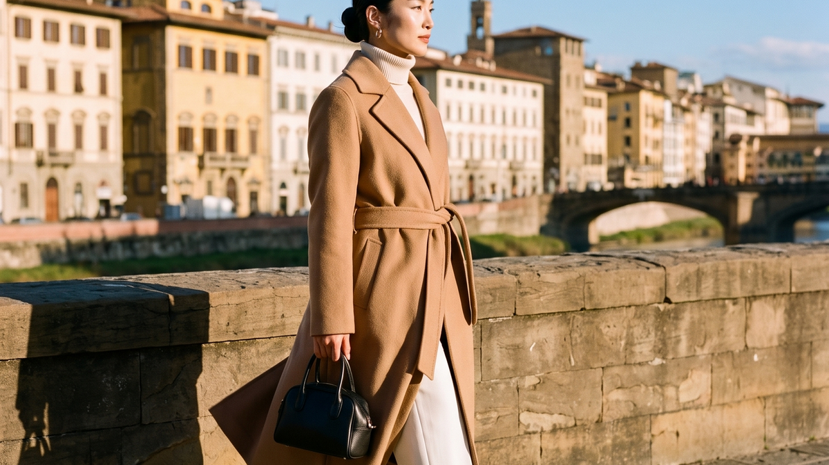 Woman in a long camel wrap coat on an old stone bridge in winter