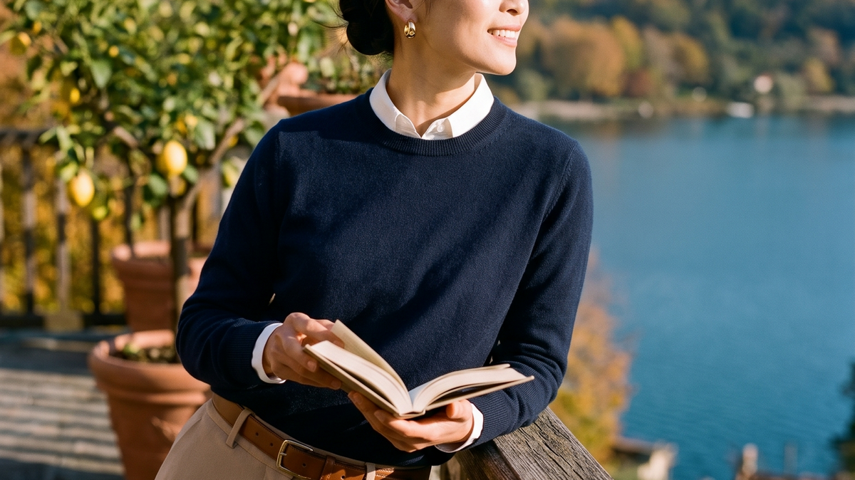 Woman in a navy crew neck sweater over a white shirt on a lake terrace