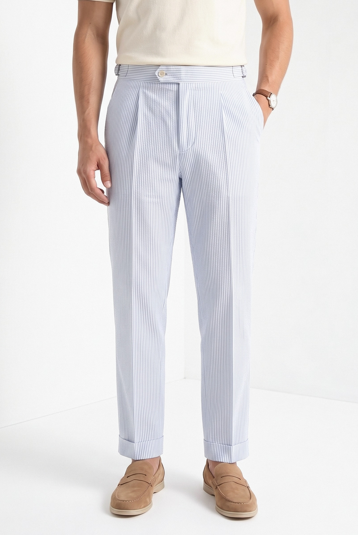 Men's seersucker pinstripe trousers in pale blue