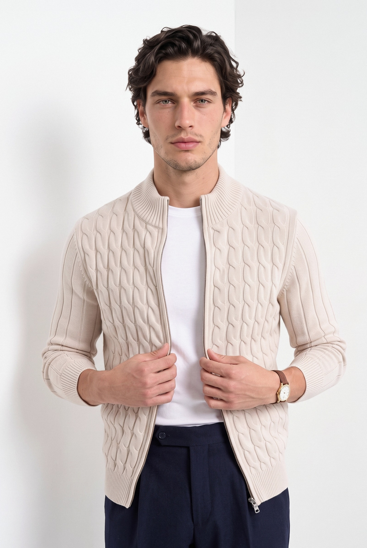 Men's slim fit cable knit cardigan in beige
