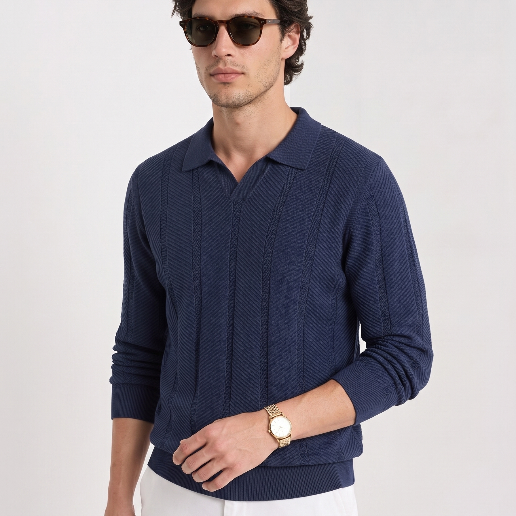 Old Money Long Sleeves Textured Cotton Polo Sweater
