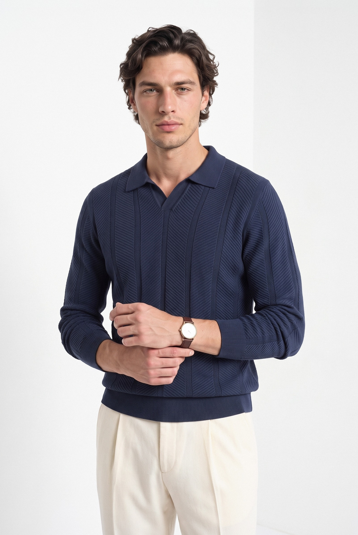 Men's long sleeve textured knitted polo in navy