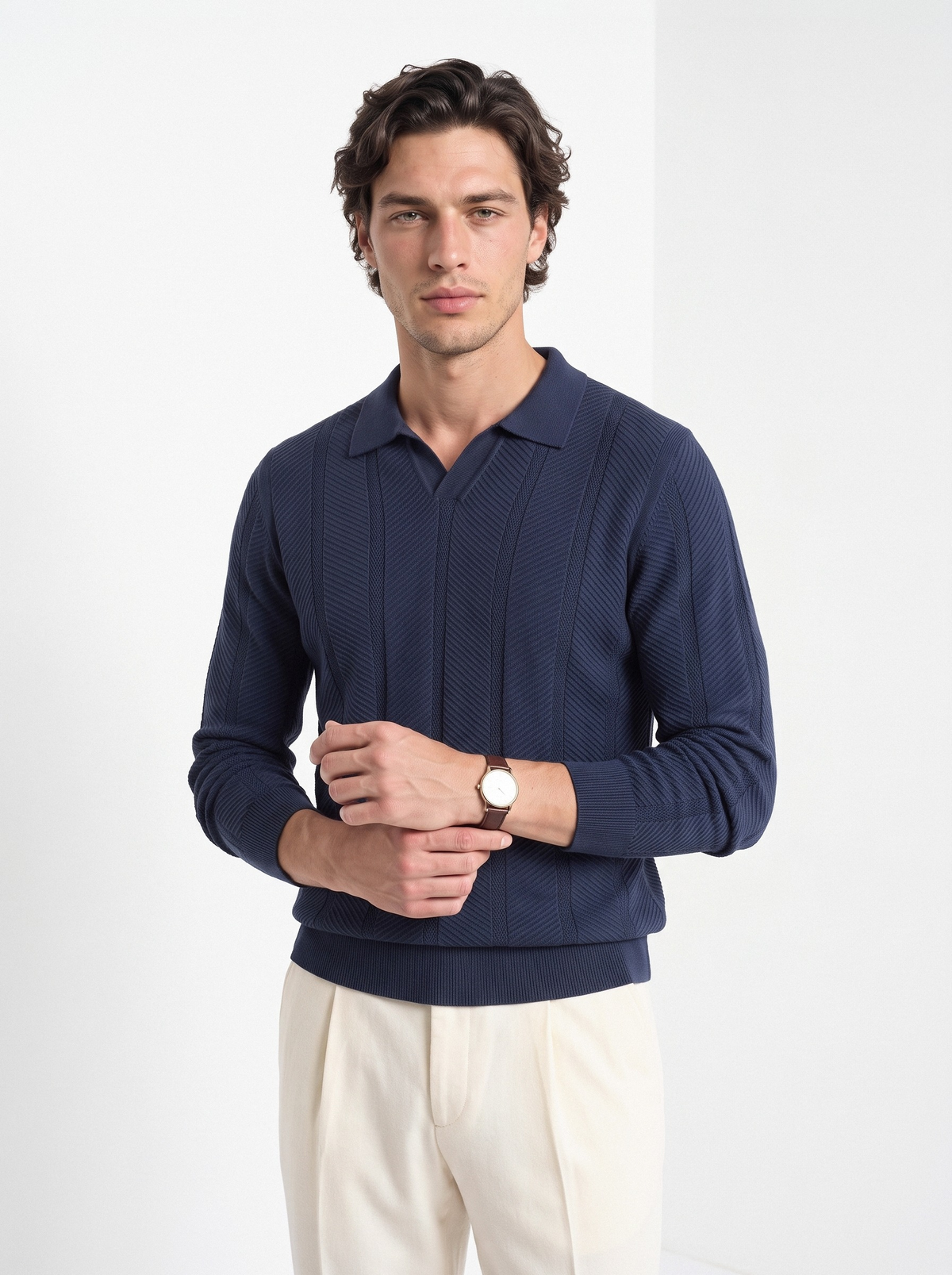 Men's long sleeve textured knitted polo in navy