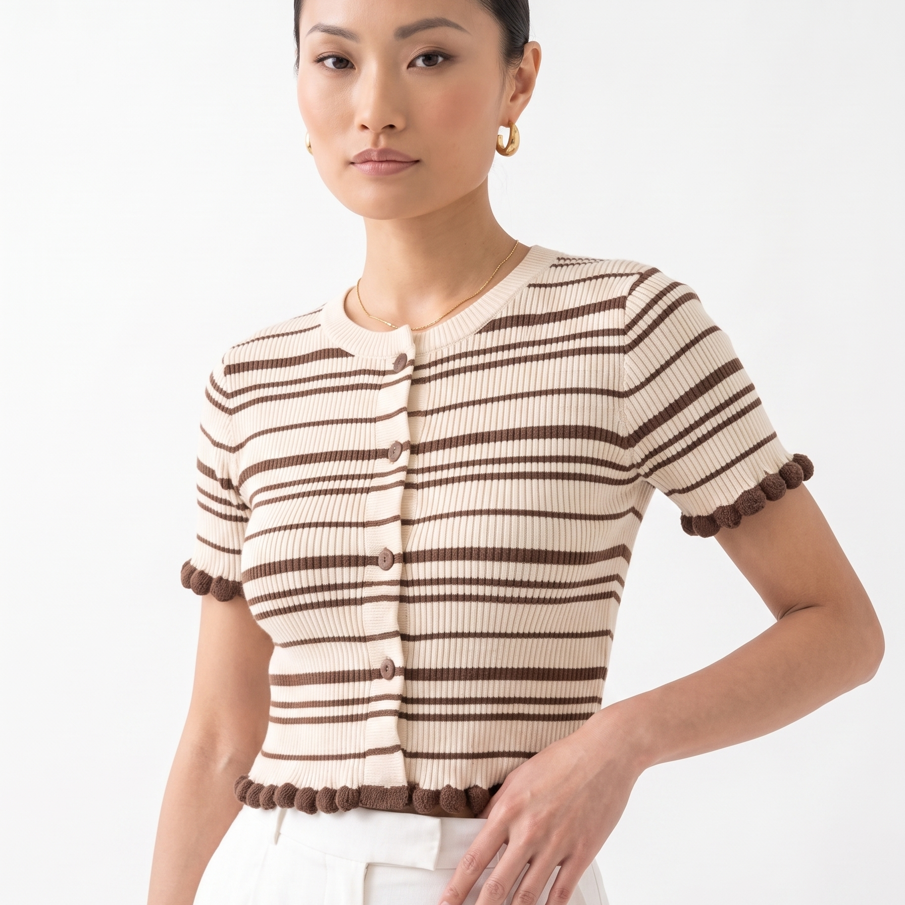 Old Money Stripe Pom-Pom Trim Knit Top