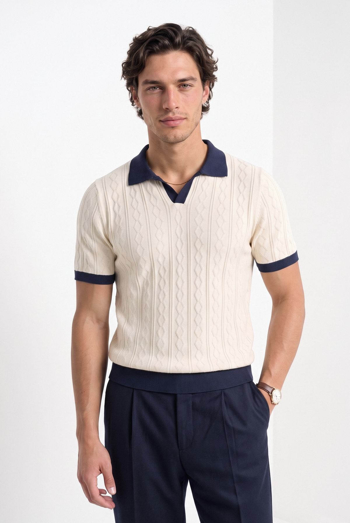 Men's cream diamond knit polo with navy trim
