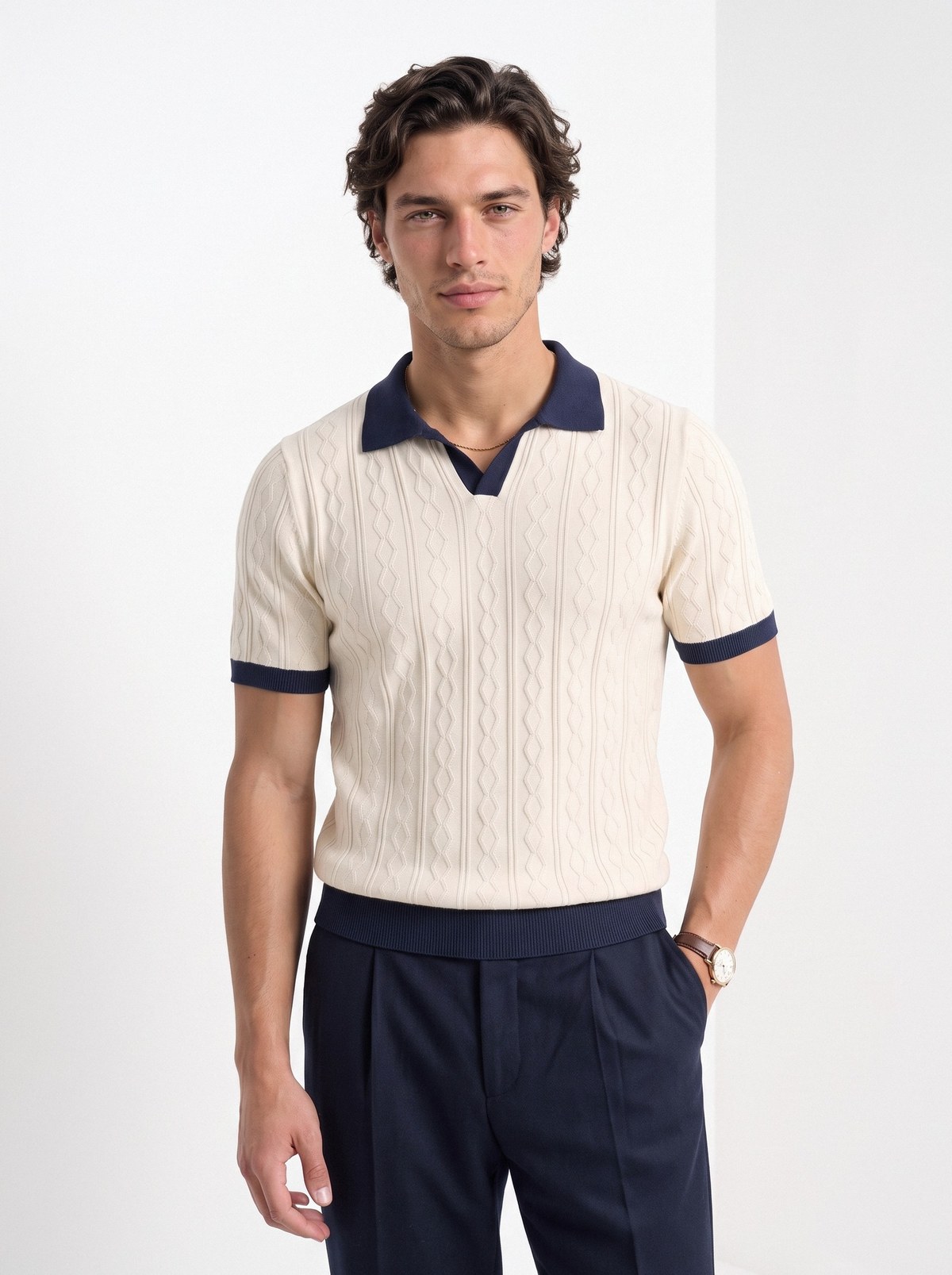 Men's cream diamond knit polo with navy trim