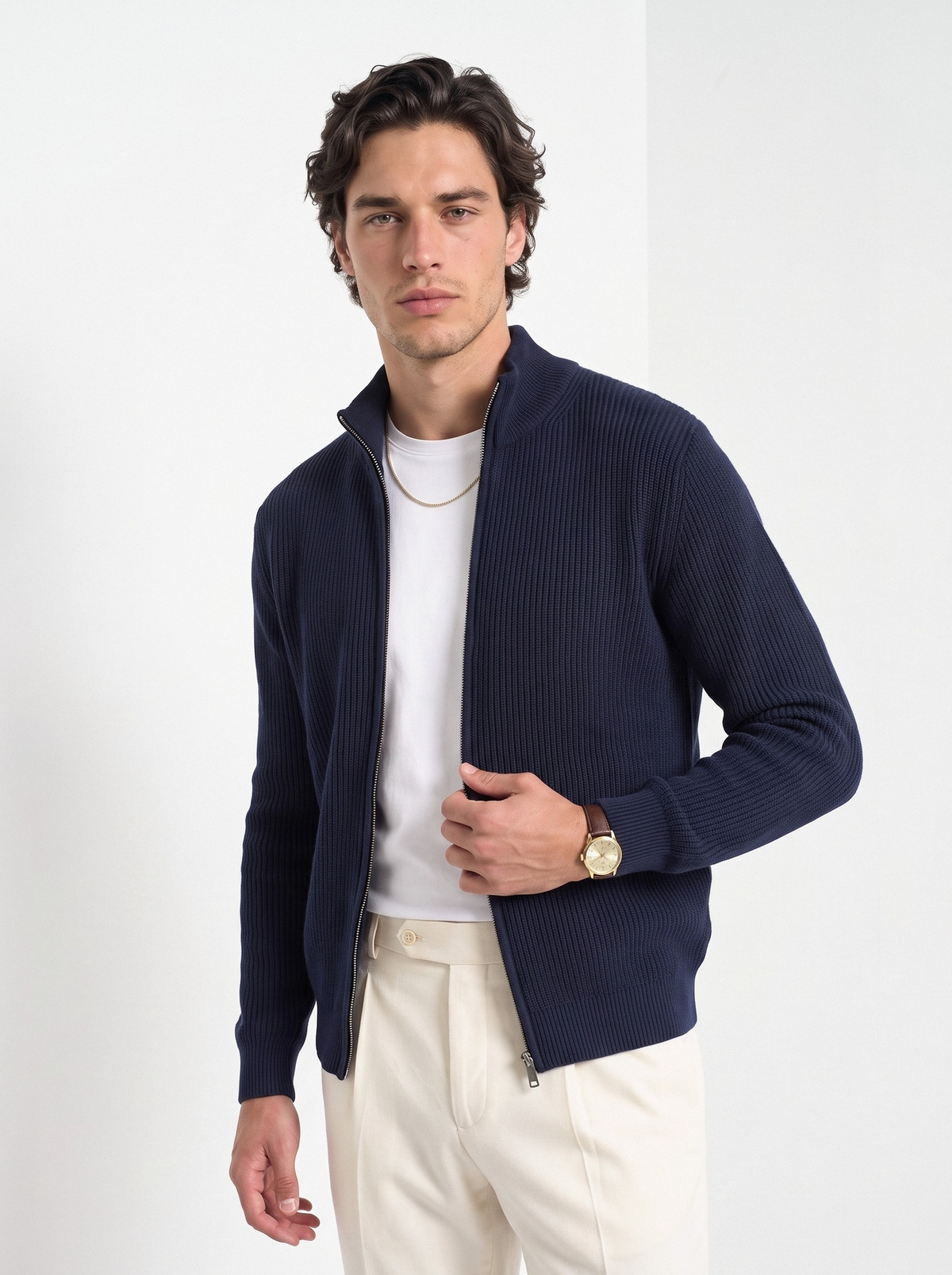 Men's wool full zip cardigan in navy