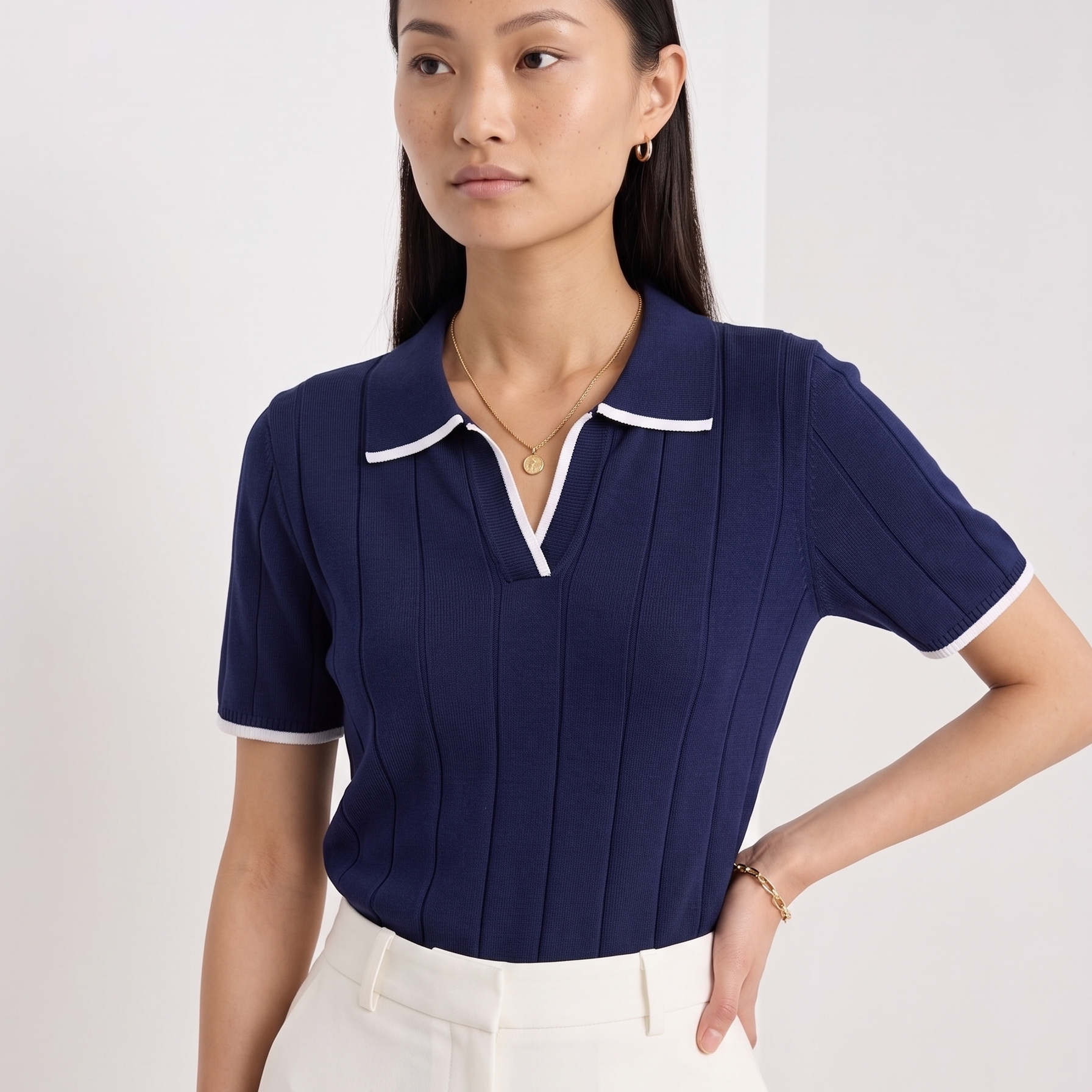 Old Money Summer Ribbed Knit Polo Top