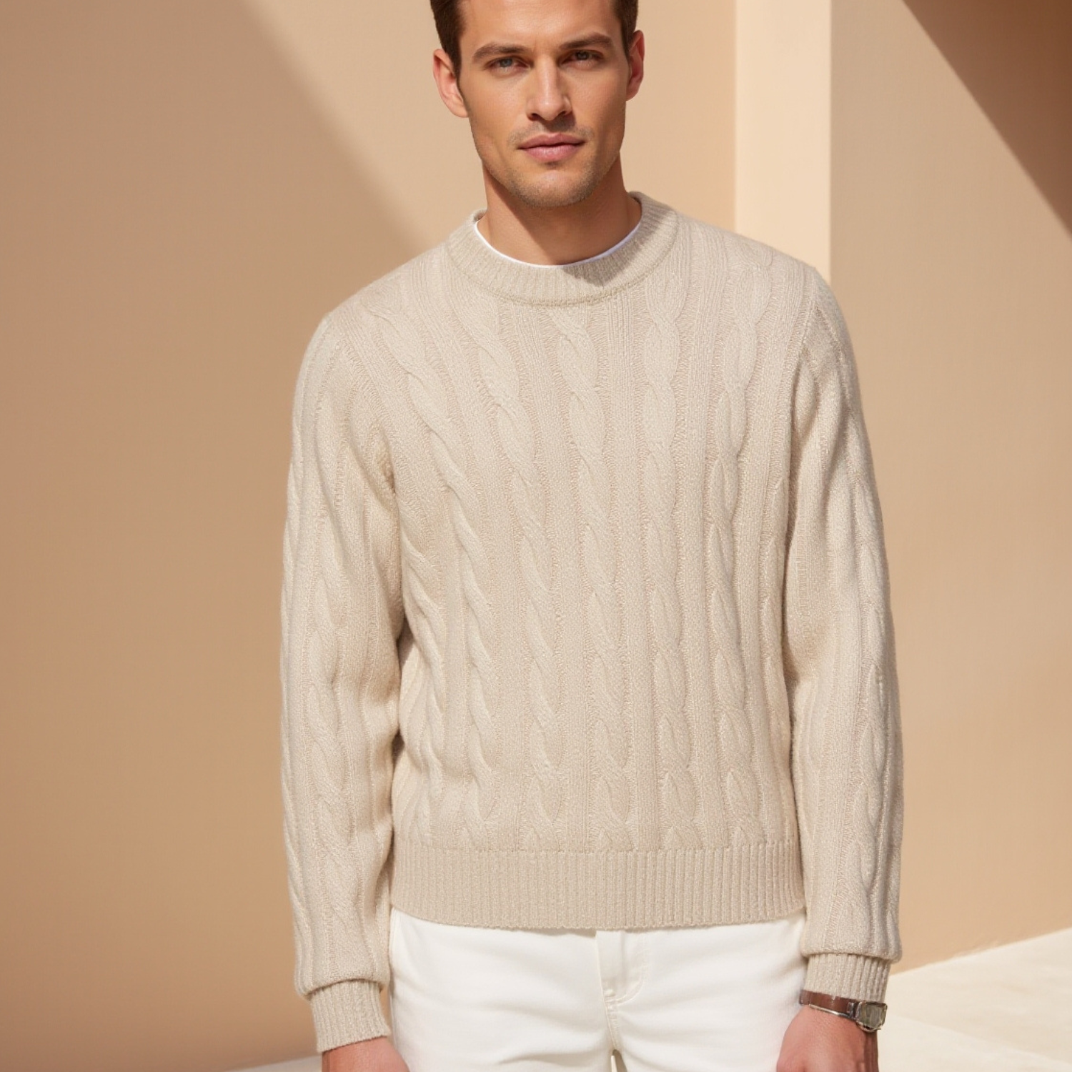 Smart Luxury Crewneck Cashmere Cable Knit Sweater