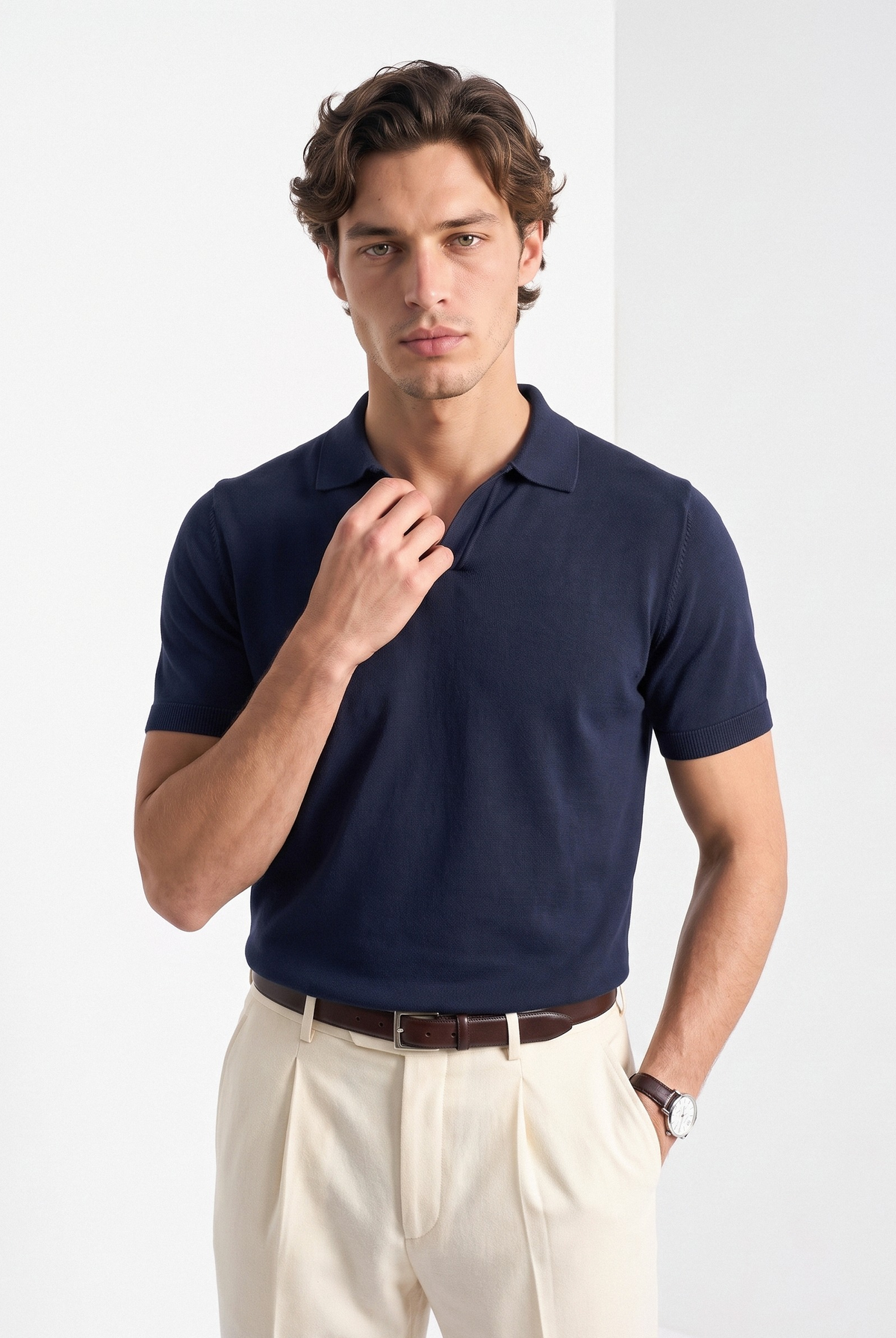 Men's cotton knitted polo shirt in navy