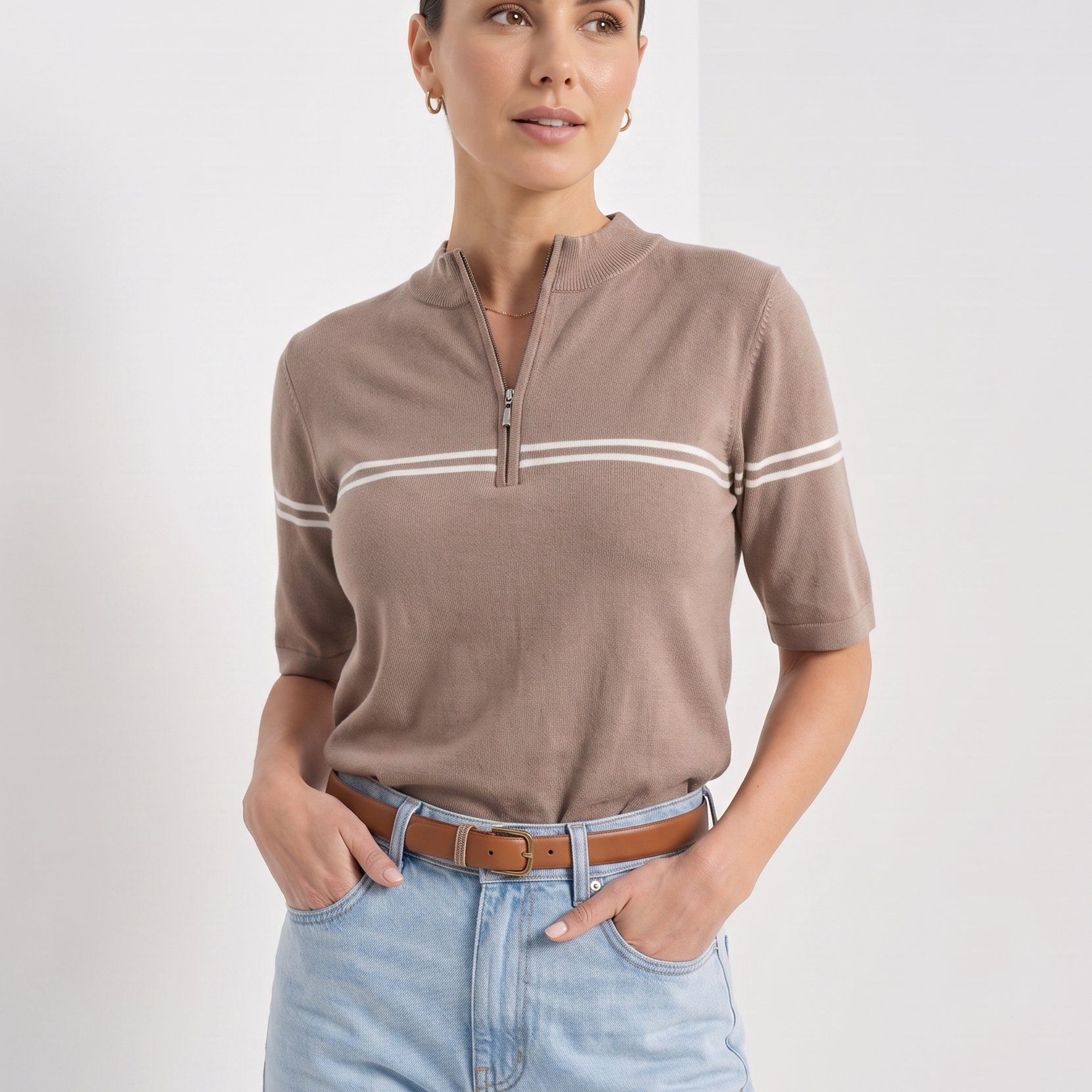 Old Money Zip Up Elegant Short Sleeve Striped T-shirt