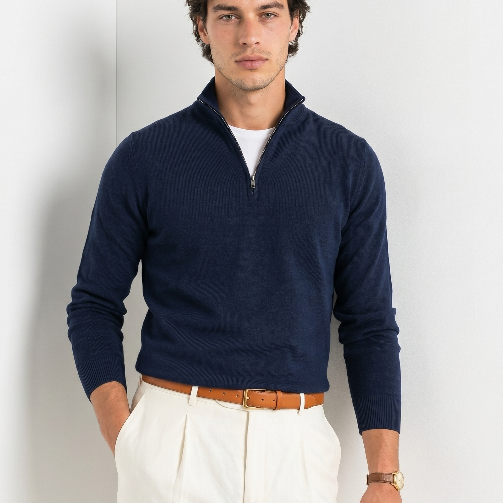 Man wearing a navy quarter-zip sweater and white pants against a light background
