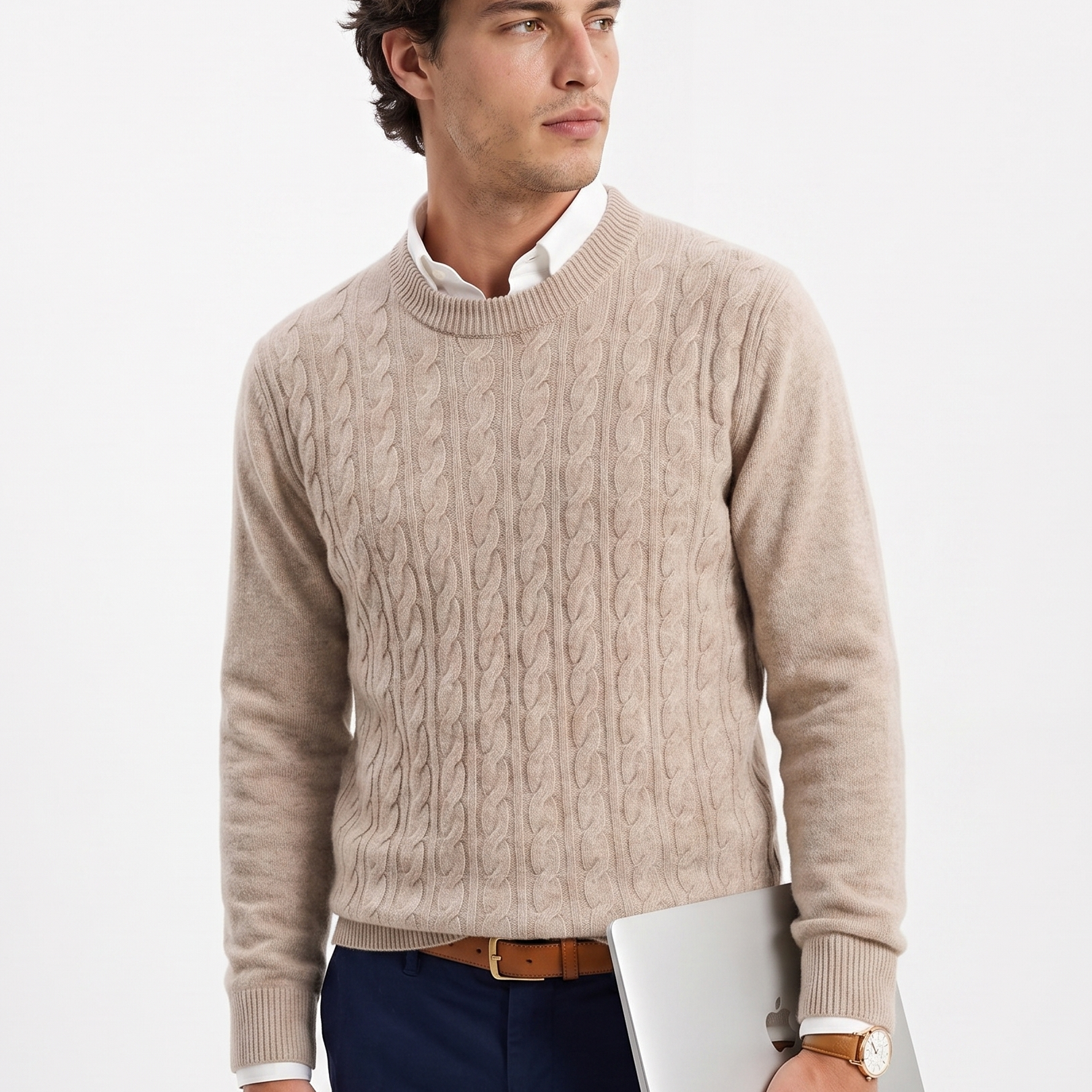 Smart Luxury Crewneck Wool Cable Knit Sweater