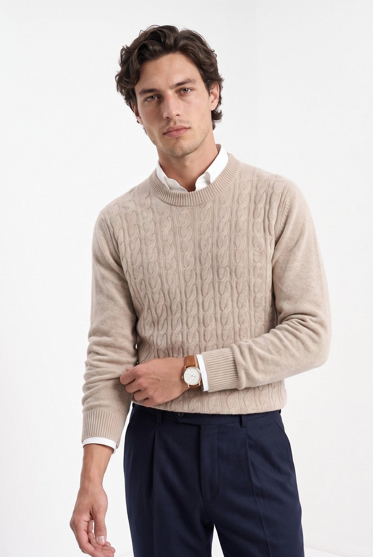 Men's wool cable knit crewneck sweater in beige