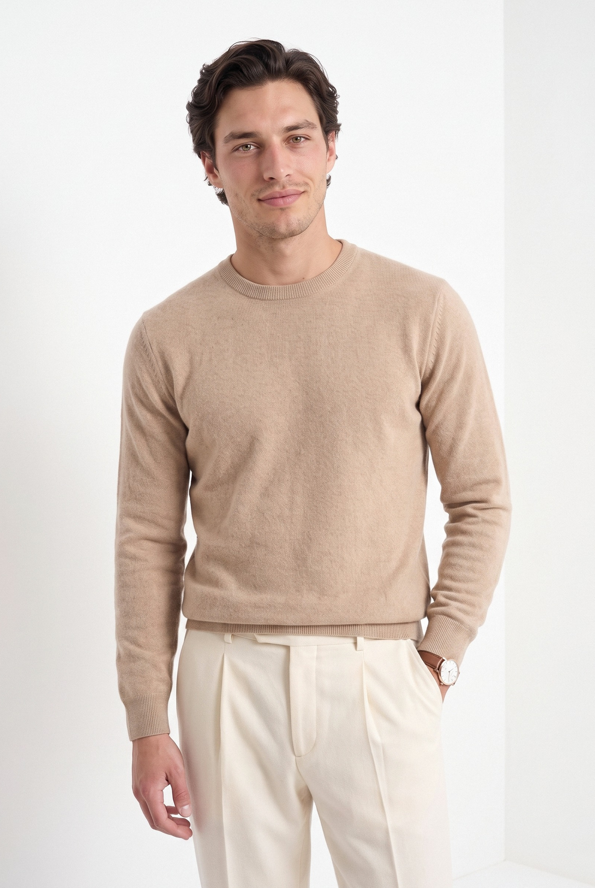 Men's cashmere crew neck sweater in beige