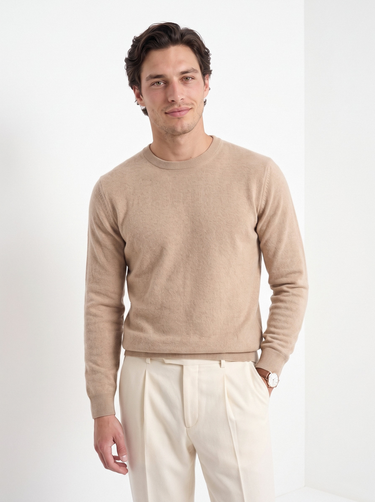 Men's cashmere crew neck sweater in beige