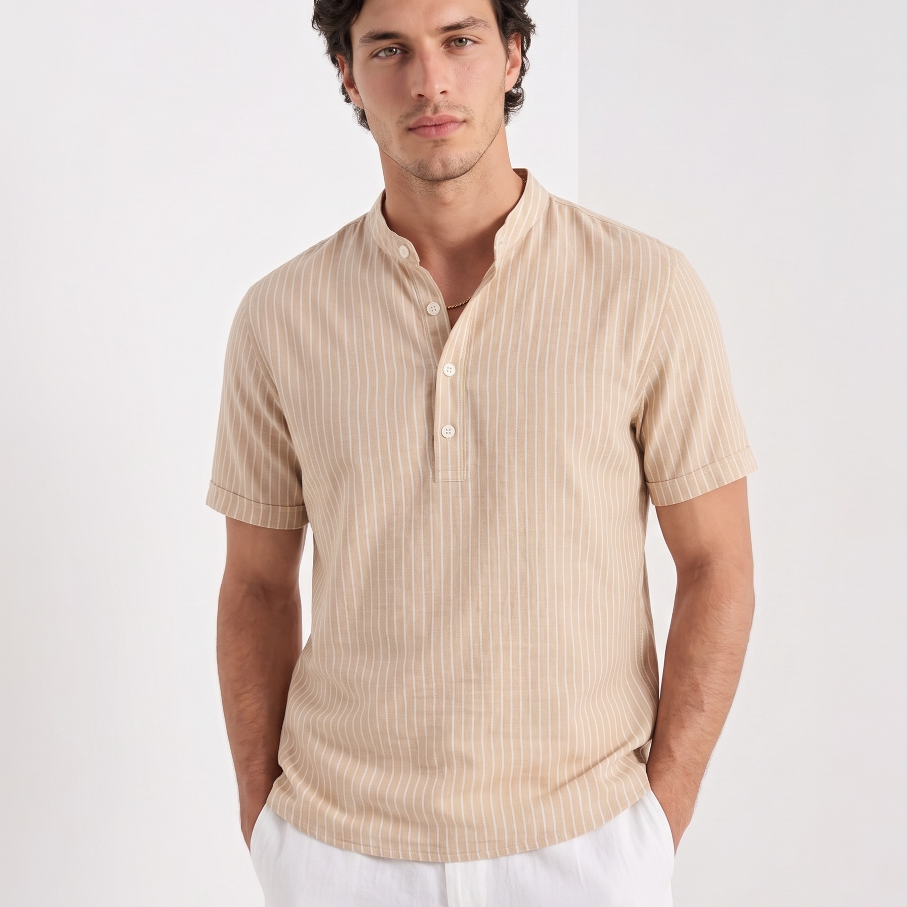 Old Money Elegant Striped Linen Henley Shirt