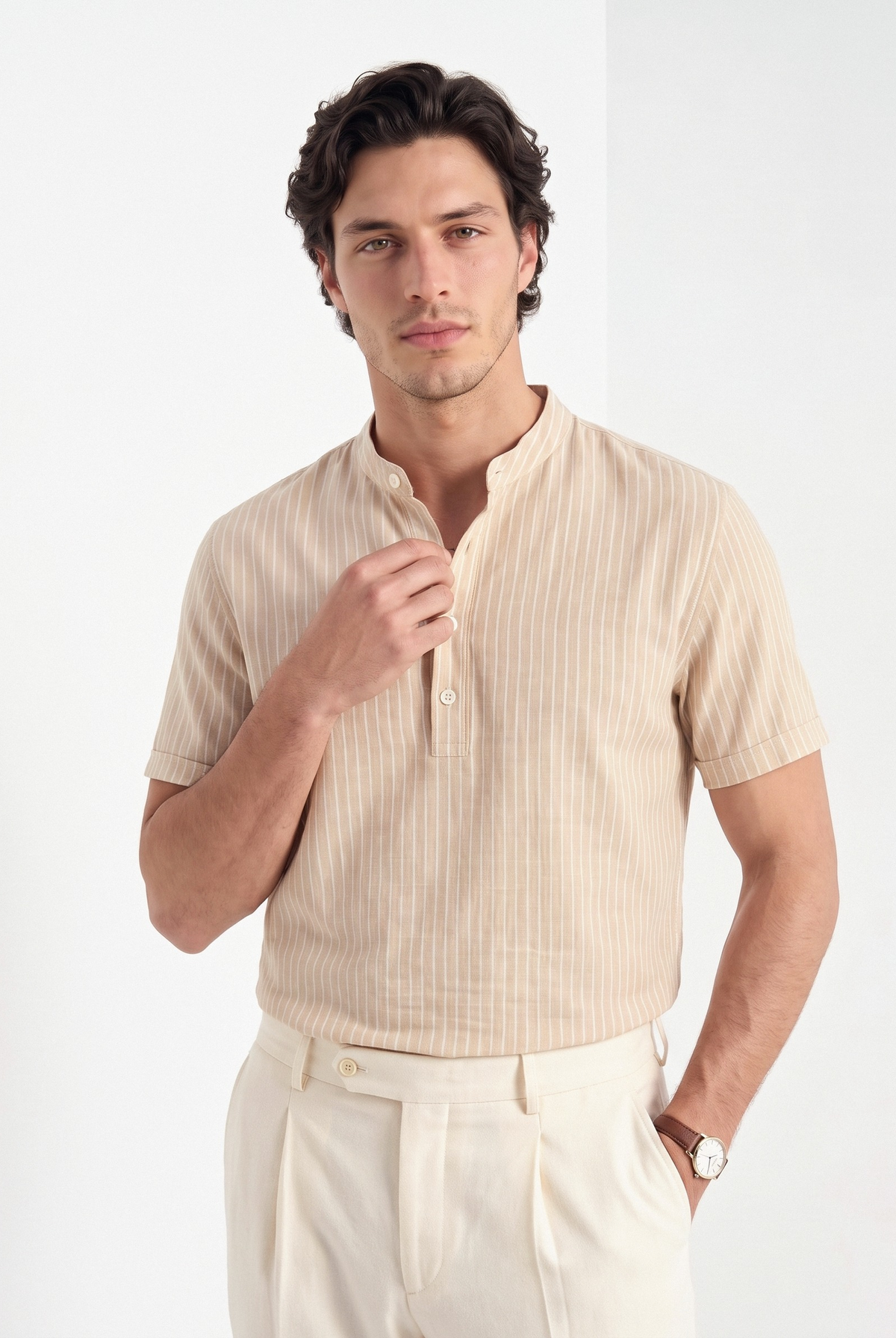 Men's striped linen Henley shirt in beige