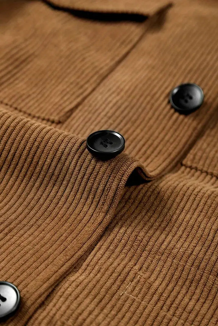 Close-up of a brown corduroy jacket with black buttons