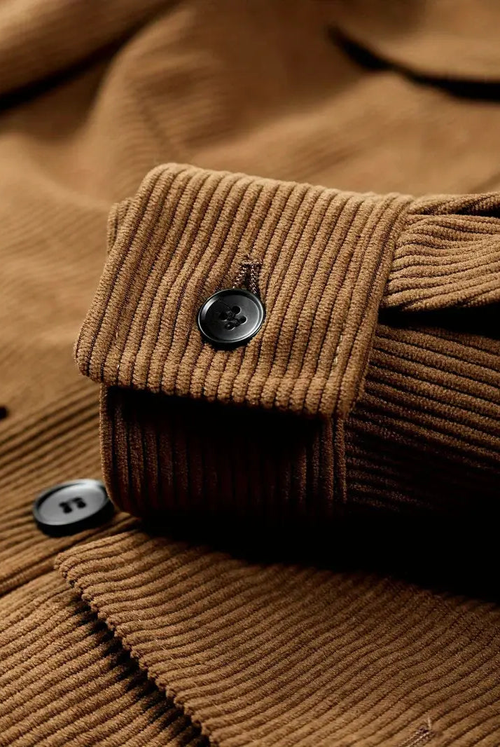 Close-up of a brown corduroy jacket with buttons