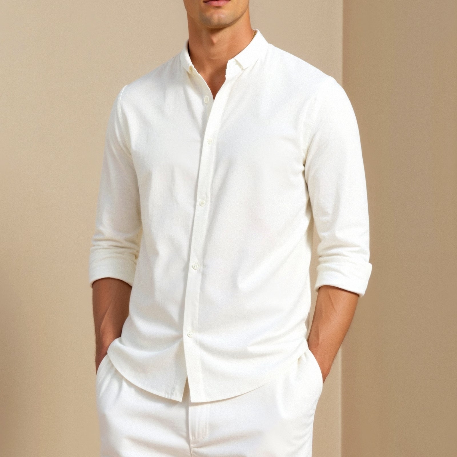 Old Money Cotton Linen Solid Color Long Sleeve Button Down Top Shirt Stand Collar