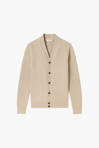 Beige ribbed cardigan with buttons on a white background