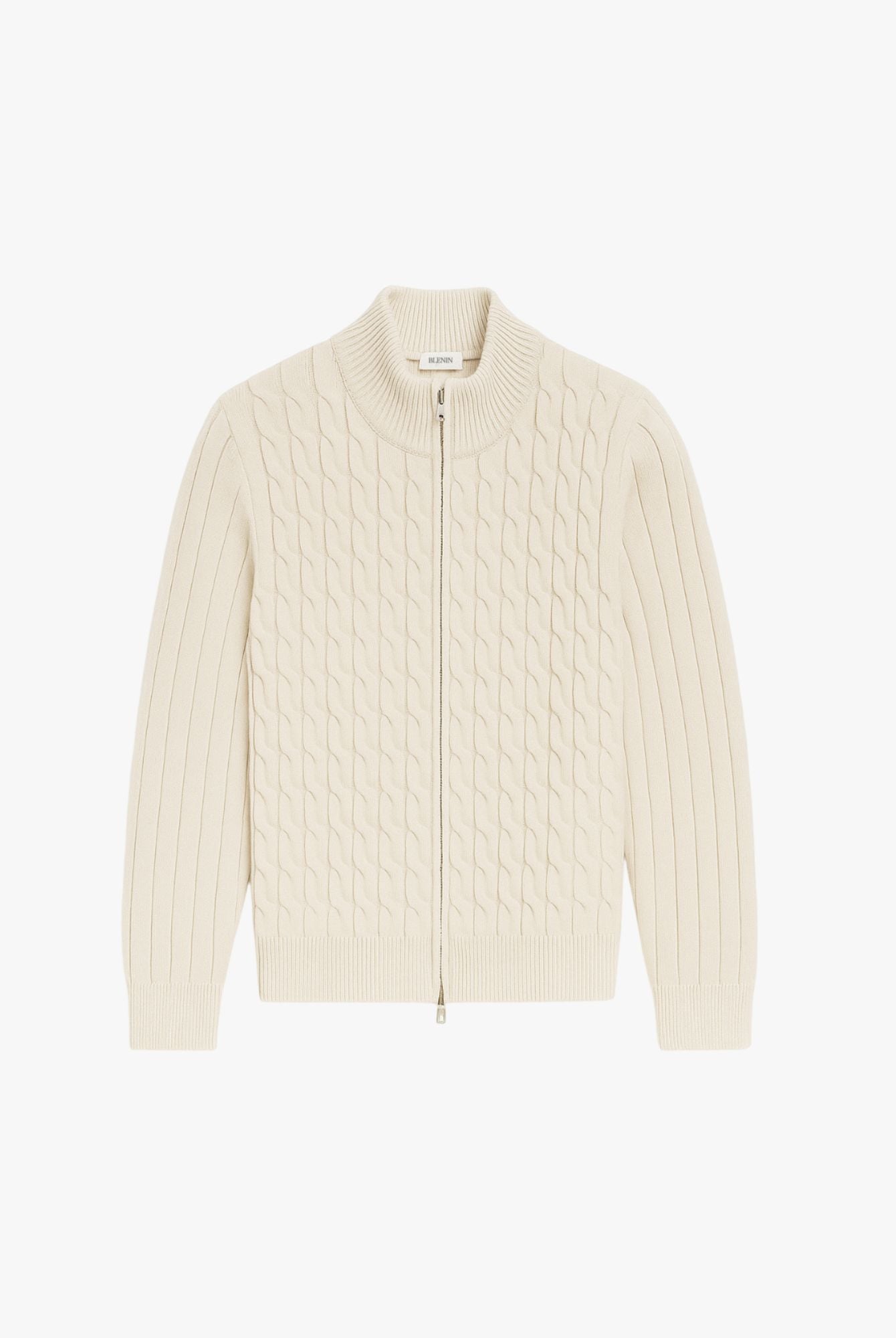 Cream-colored ribbed knit cardigan on a white background