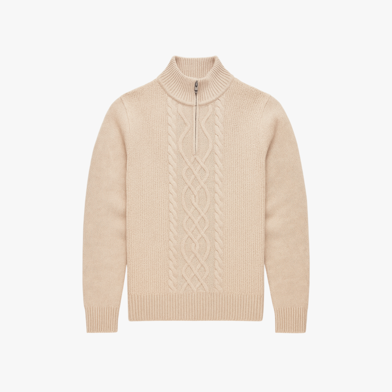 Beige cable knit sweater with a quarter zip on a white background