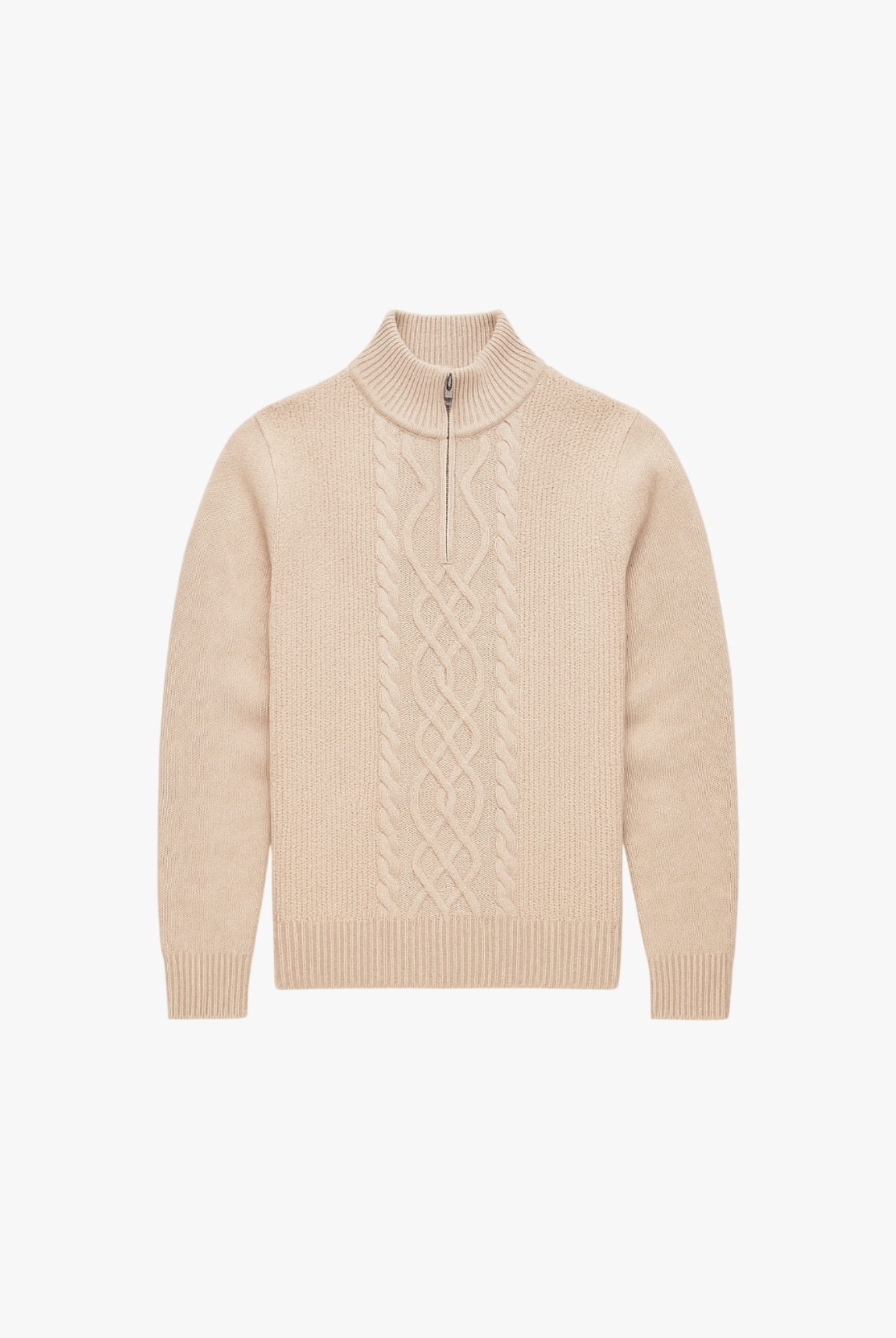 Beige cable knit sweater with a quarter zip on a white background