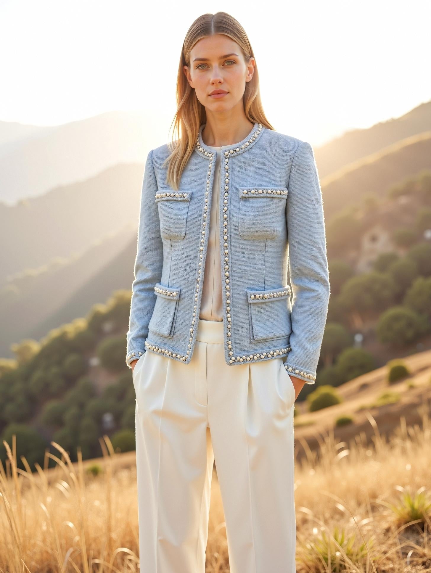Woman wearing a light blue jacket with decorative buttons in a scenic outdoor setting.