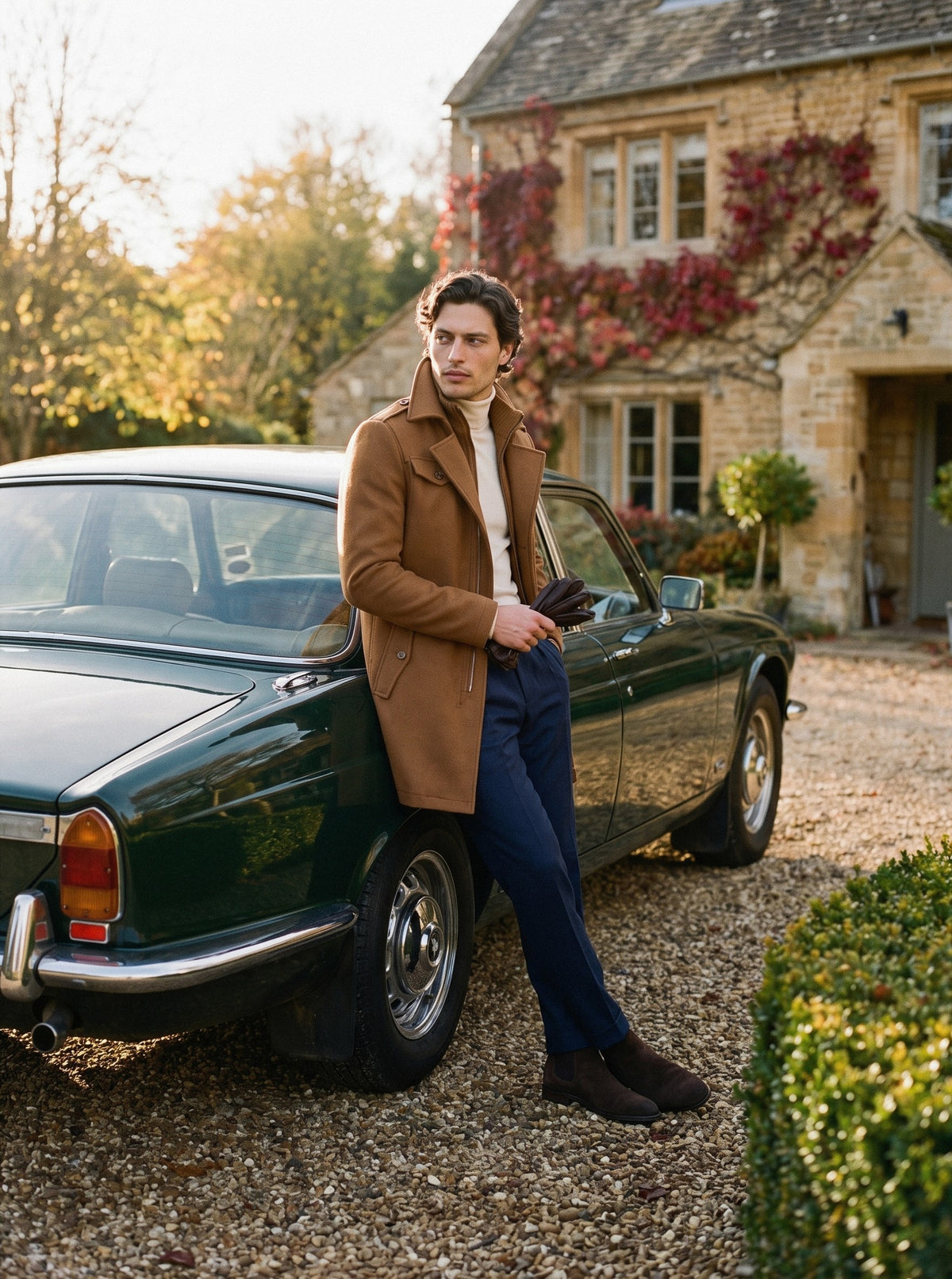 A man in a camel wool coat leaning on a vintage car outside a country house in autumn