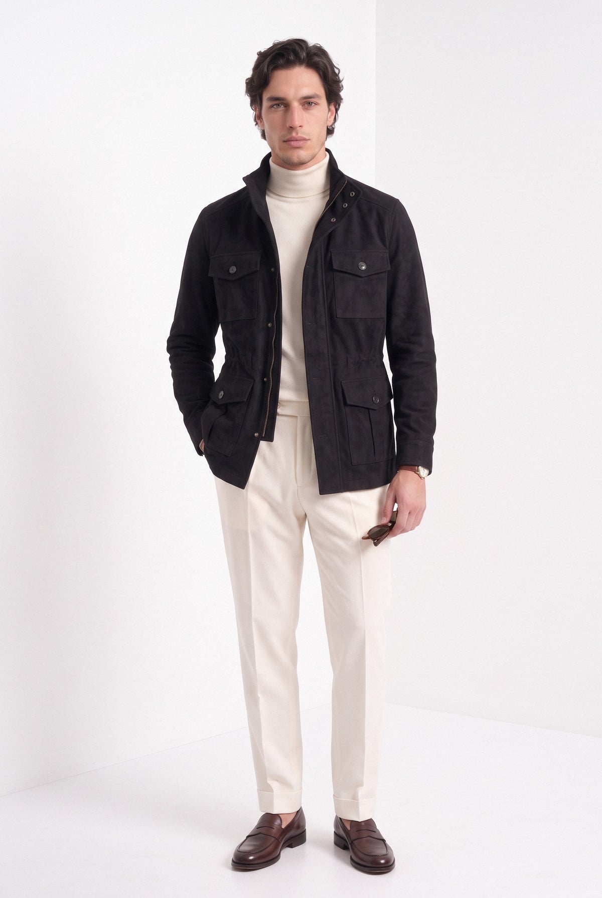 BLENIN men's brushed field jacket in black, full-length look